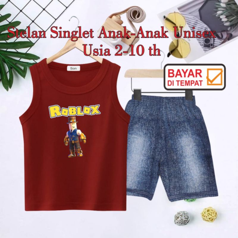 STELAN SINGLET ANAK UNISEX/CELANA SEMI JEANS USIA 2 THN-10 THN(ROBLOK)