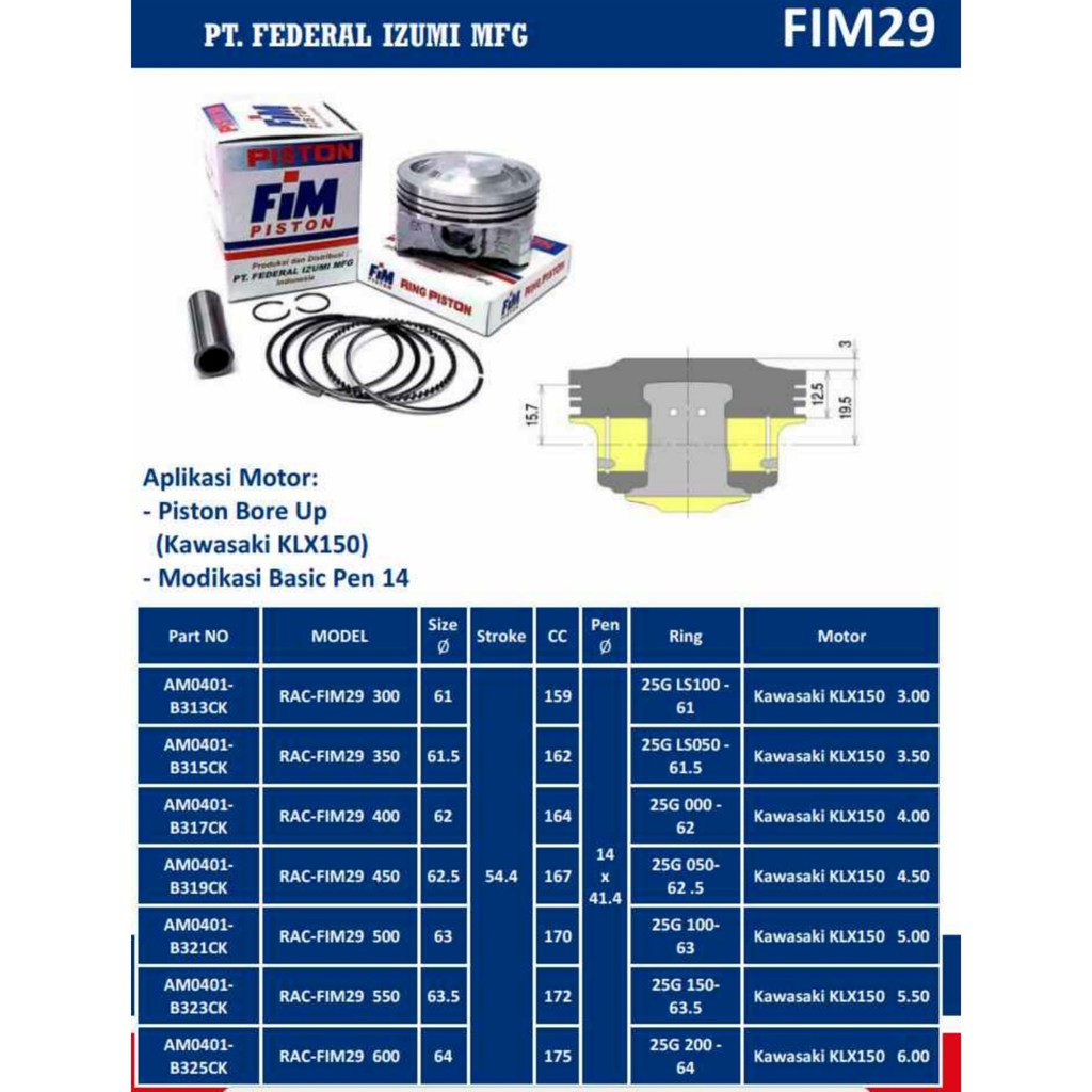 Seher Piston Kit FIM Kawasaki KLX 150 Bore up Dia. 61 61.5 62 62.5 63 63.5 64 mm Pen Pin 14-1