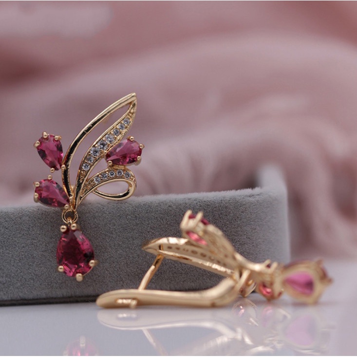 2022 Anting Tusuk Rose Gold Wanita Desain Tetesan Air Hias Zircon Merah Natural Untuk Pernikahan