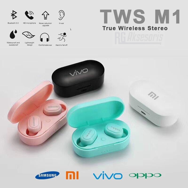 M1 TWS Earphone Wireless Bluetooth Handsfre   e untuk Samsung