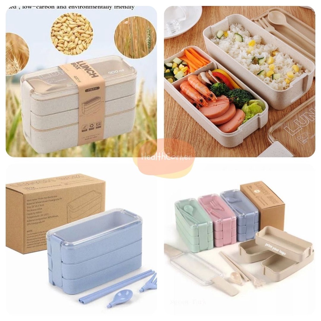 Lunch Box Kotak Makan 3 Susun Tingkat Sendok Set Lunchbox Bento Gandum Jerami