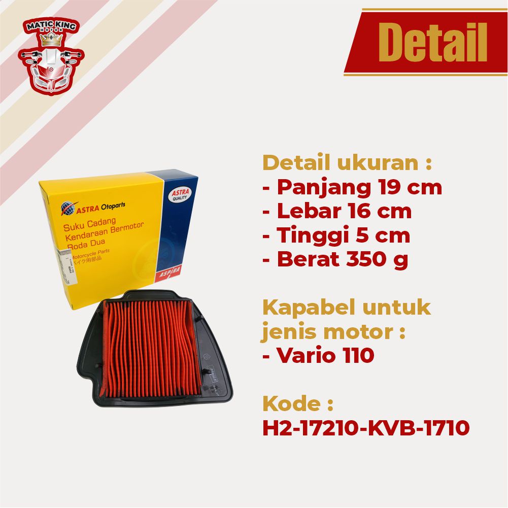 Filter Udara Hawa Honda Vario 110 Karburator ORI ASLI Aspira Astra Otoparts H2-17210-KVB-1710