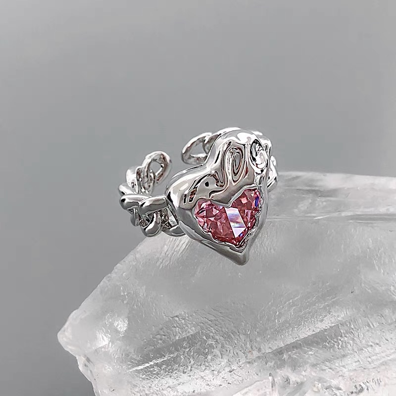 Cincin Silver Model Terbuka Dapat Disesuaikan Aksen Kristal Bentuk Hati Warna Pink Untuk Wanita