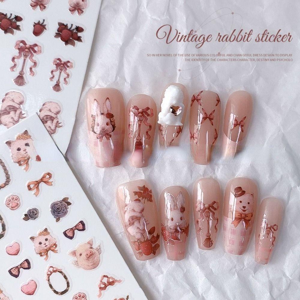 AUGUSTINA Agustina Kartun Hewan Stiker Kuku 5lembar Babi Bunga Manicuring DIY Foil Pola Hewan Nail Art Decals