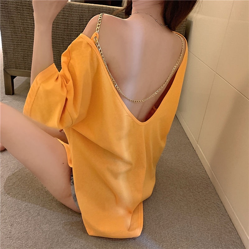 Suhao Hong Kong rasa lengan pendek t-shirt wanita desain tidak teratur rasa celah dengan hati-hati mesin seksi backless rantai longgar top in pasang