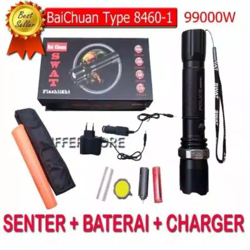 Senter SWAT Police LED T6 / 99000w - Senter Emergency SWAT mini -senter kompas- Batrai Cadangan