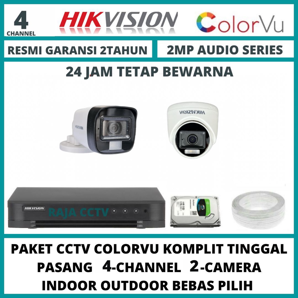 PAKET CCTV HIKVISION 2MP COLORVU 4 CHANNEL 2 CAMERA TURBO HD KAMERA CCTV COLORFUL