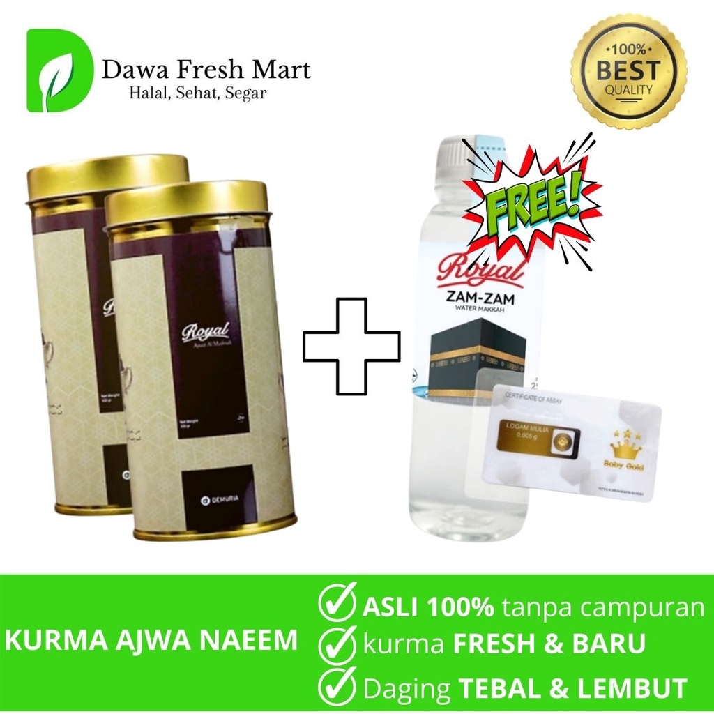 

Kurma Ajwa Royal 260gr 2pcs (Free Zam-Zam 250gr & Free Baby Gold) Bergaransi Asli Kurma Ajwa Al-Madinah