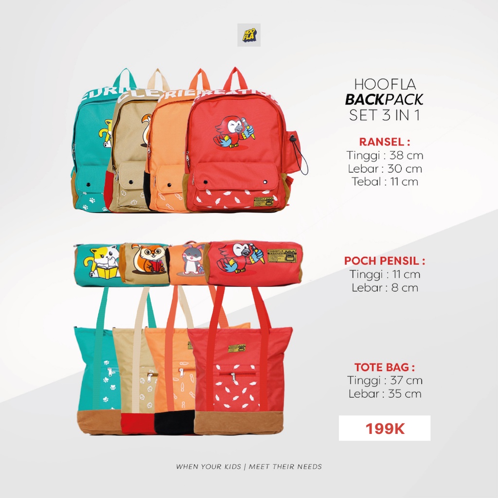 Hooflakids Tas Sekolah Anak Perempuan Laki Laki Backpack Set 3 in 1 Dapat Ransel Pouch dan Tote Bag