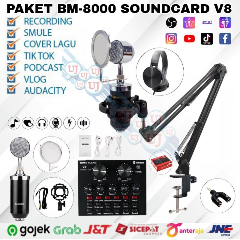 Paket Microphone BM8000 Soundcard Mixer V8 Stand Arm Recording Terbaik