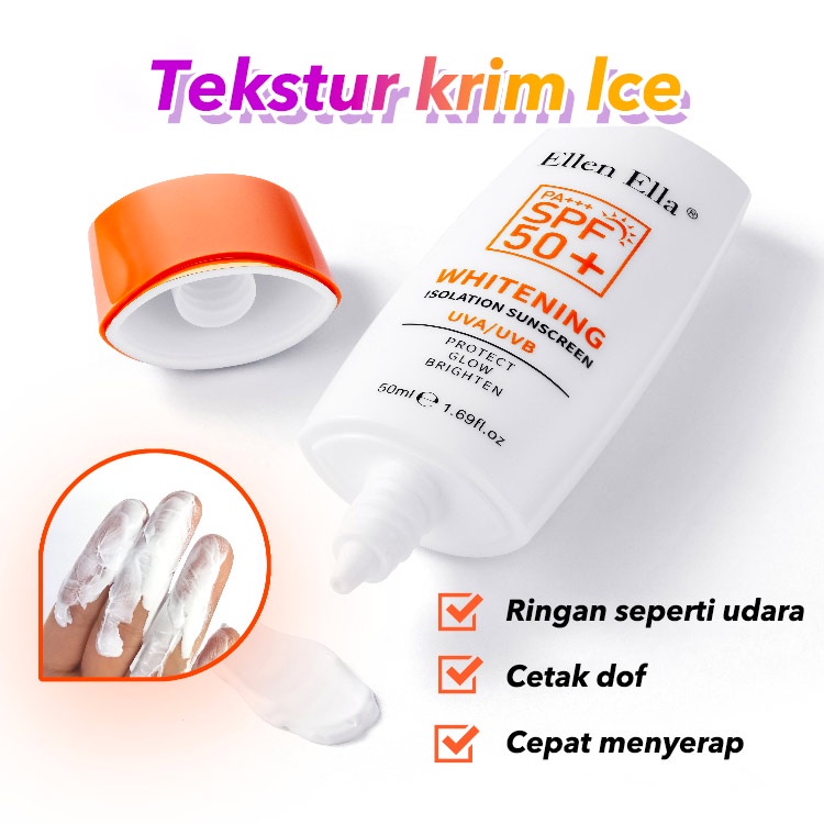 【Stok tersedia, tiba dalam 3 hari】ELLEN ELLA 3-in-1 SPF90+ PA+++ Whitening Krim Tabir Surya Tabir surya untuk Wajah dan Tubuh tahan air matahari kulit peri SPF90+ PA+++ UVA/UVB Anti-penuaan 1 pc 50ml EES001