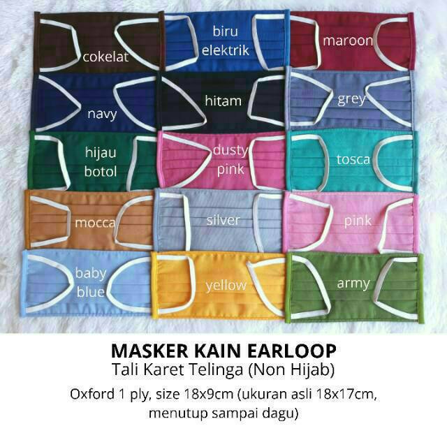 Masker Kain Earloop (Karet Telinga) Non Hijab Cantol di Telinga Oxford Grade A 1 Ply Tebal Murah