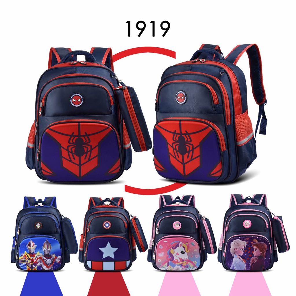 Tas Cartoon 1919 Ransel Anak Laki-Laki &amp; Perempuan Sekolah Cartoon Motif Avengers,Frozen,Spiderman,Ultraman,Unicorn FREE Kotak Pensil