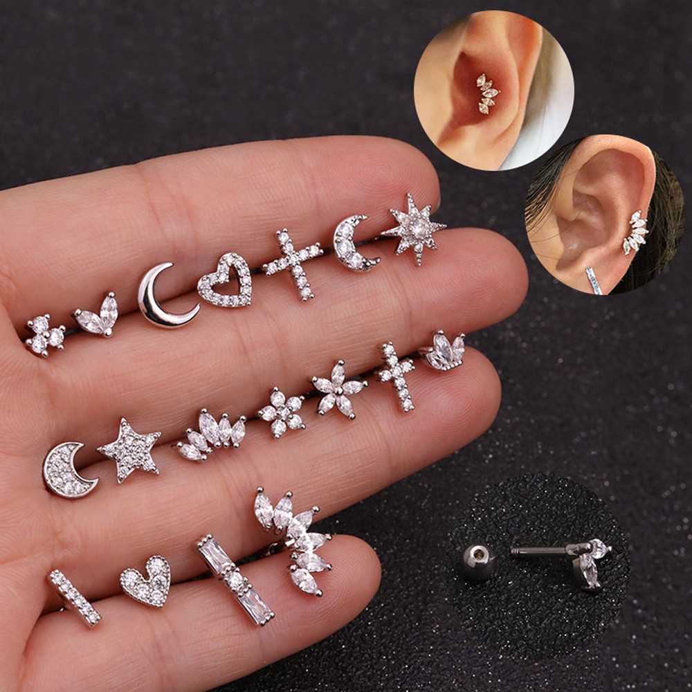 1 Pc Anting Stud Tindik Tulang Rawan Bentuk Nanas Bunga Salib Mahkota Hati Bulan Bintang Gaya Punk Rock