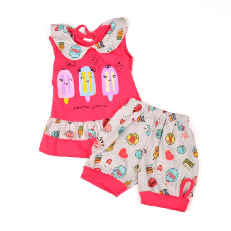 SETELAN FASHION BAJU ANAK PEREMPUAN 1-2 TAHUN ICE CREAM YUMMY LEKBONG CELANA PENDEK FREE BANDANA