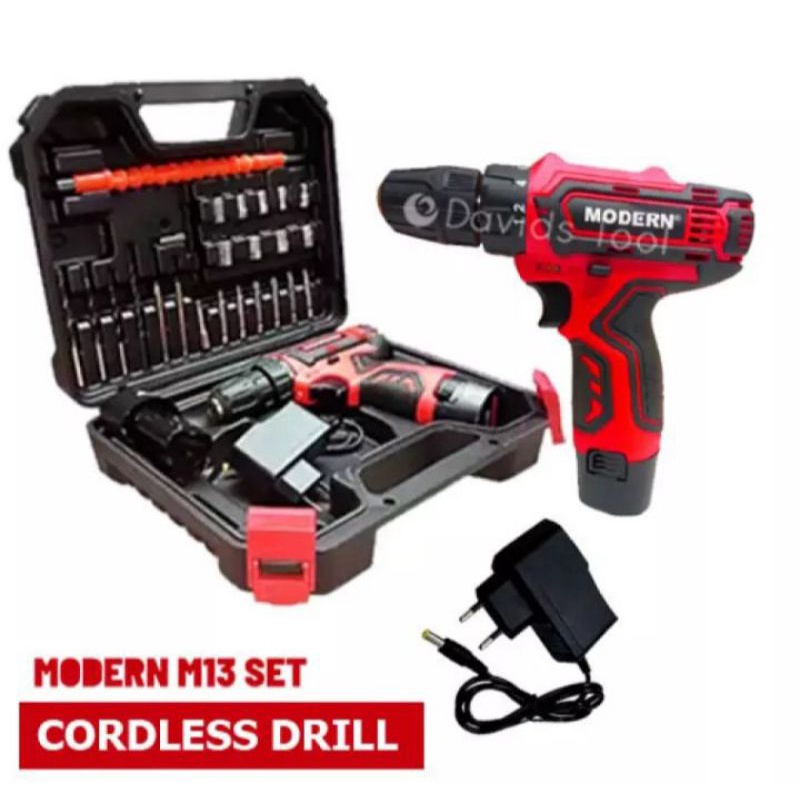 Mesin Bor Baterai Cordless drill Modern M-13 set mata bor