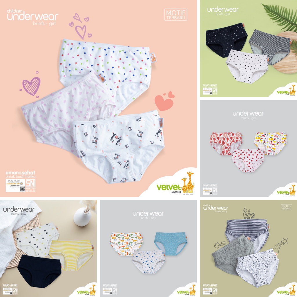Velvet Briefs Segitiga isi 3 Full Print - Celana Dalam Anak Motif Size SML