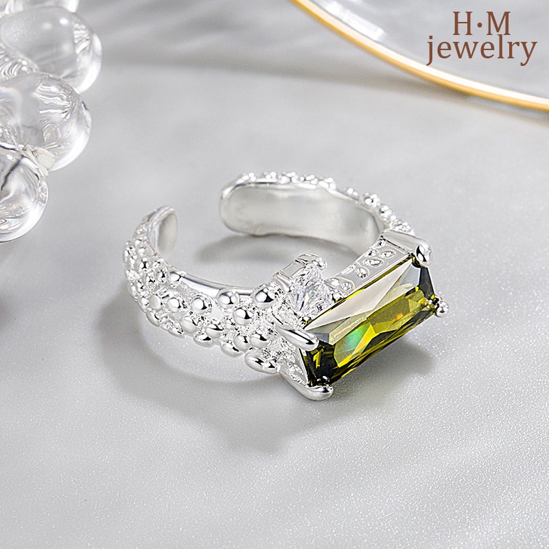 Cincin Model Terbuka Bentuk Persegi Panjang Geometris Aksen Zircon Gaya Korea Untuk Wanita