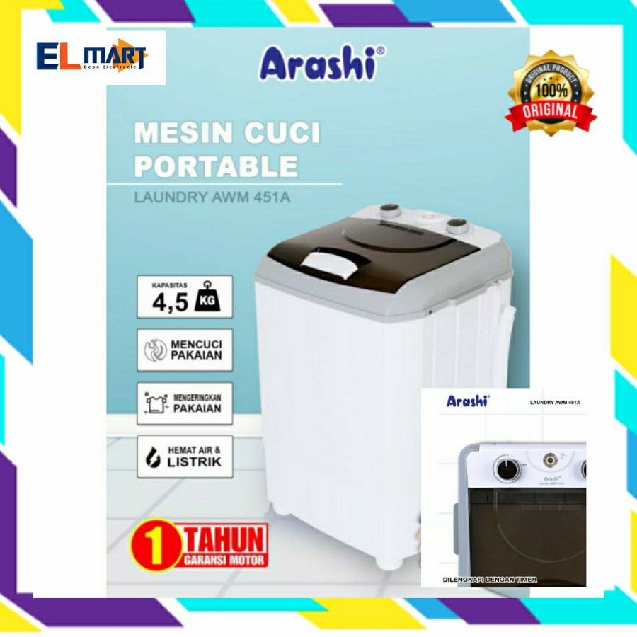 Arashi Mesin Cuci Mini Portable 1 Tabung AWM 451A 451 A - 4,5 Kg link ekspedisi