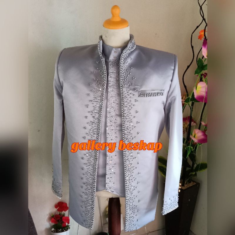 Beskap Basofi jas pengantin silver / jas formal elegan / baju pengantin pria muslim