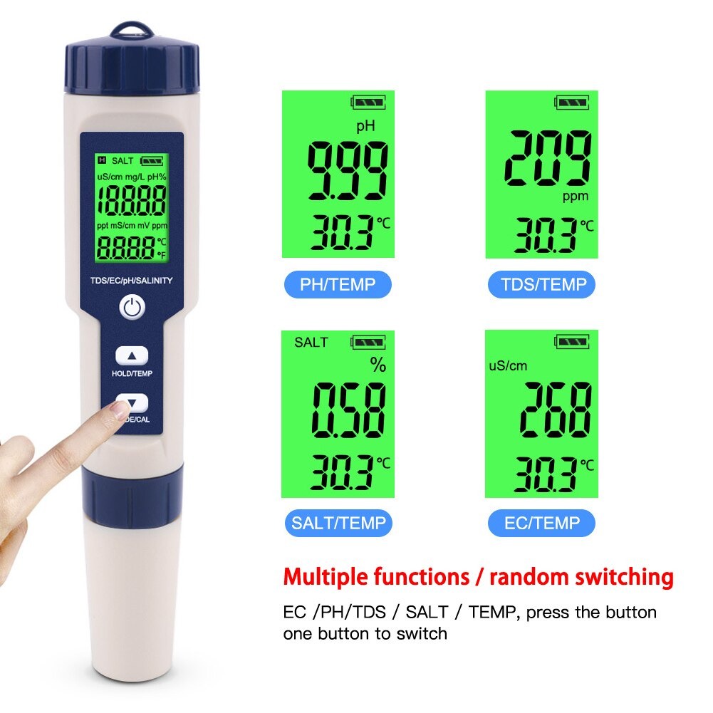 pH TDS EC Salinity Temperature Meter Tester Pen Waterproof 5in1 Digital Water Quality Tester EZ-9909SP