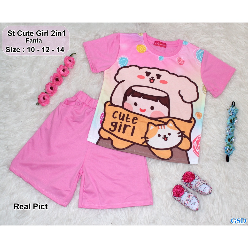 St Cute Girl 2in1/Setelan Anak Cewek/Kaos Anak Perempuan 7-9 Thn/Baju Dan Celana Murah Motif