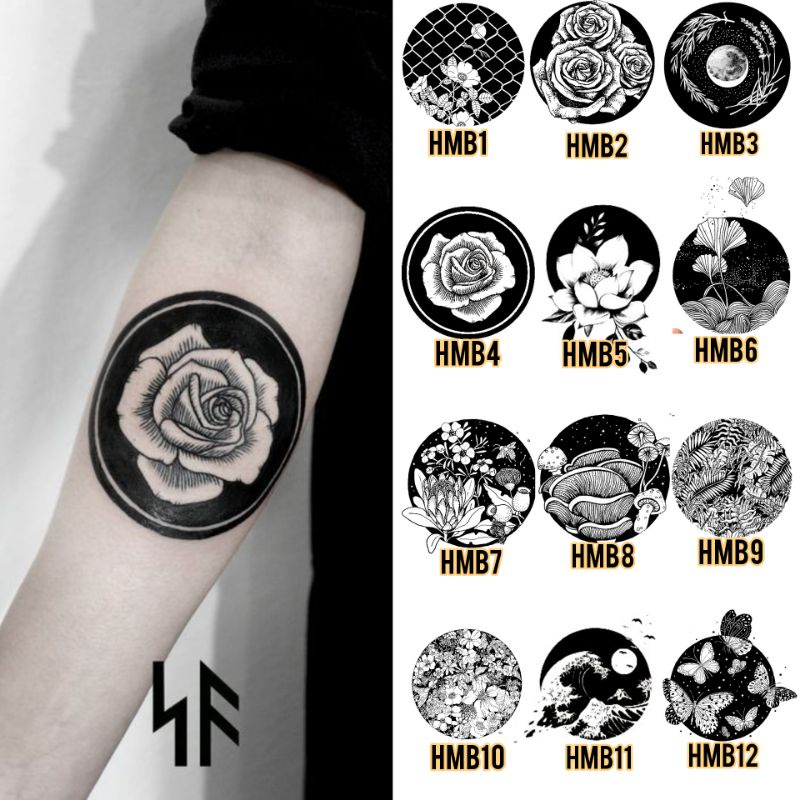 Tato Temporer Bunga Hitam Flower Tato simple Tato lingkaran Stiker Tato Minimalis - HMB