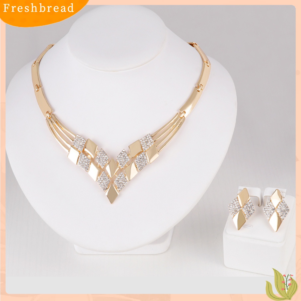 Terlaris Women KC Gold Plated Rhombus Shape Necklace Earrings Rhinestones Jewelry Set