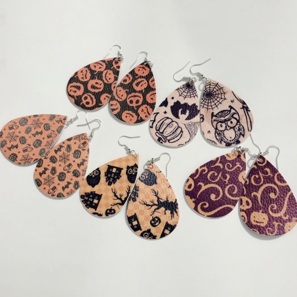 Hu Hu Hu Hu Hu Alat Bantu Pasang Kacamata♡ Anting Kait Gantung Wanita Bahan Kulit Imitasi Desain Tengkoraklabu Tema Halloween