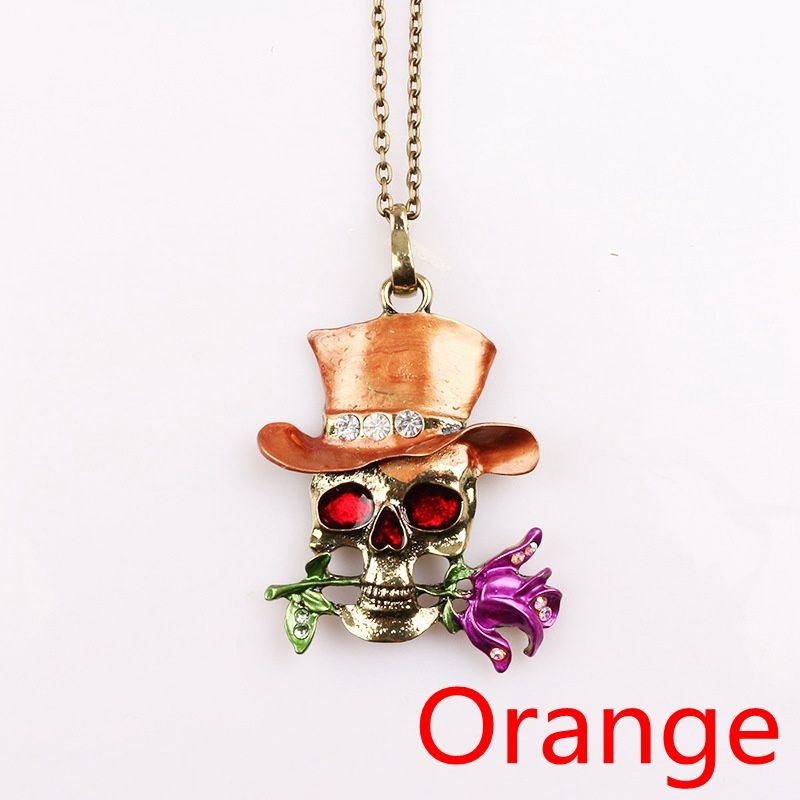 Retro punk inlaid gemstone skull magician pendant necklace men's jewelry