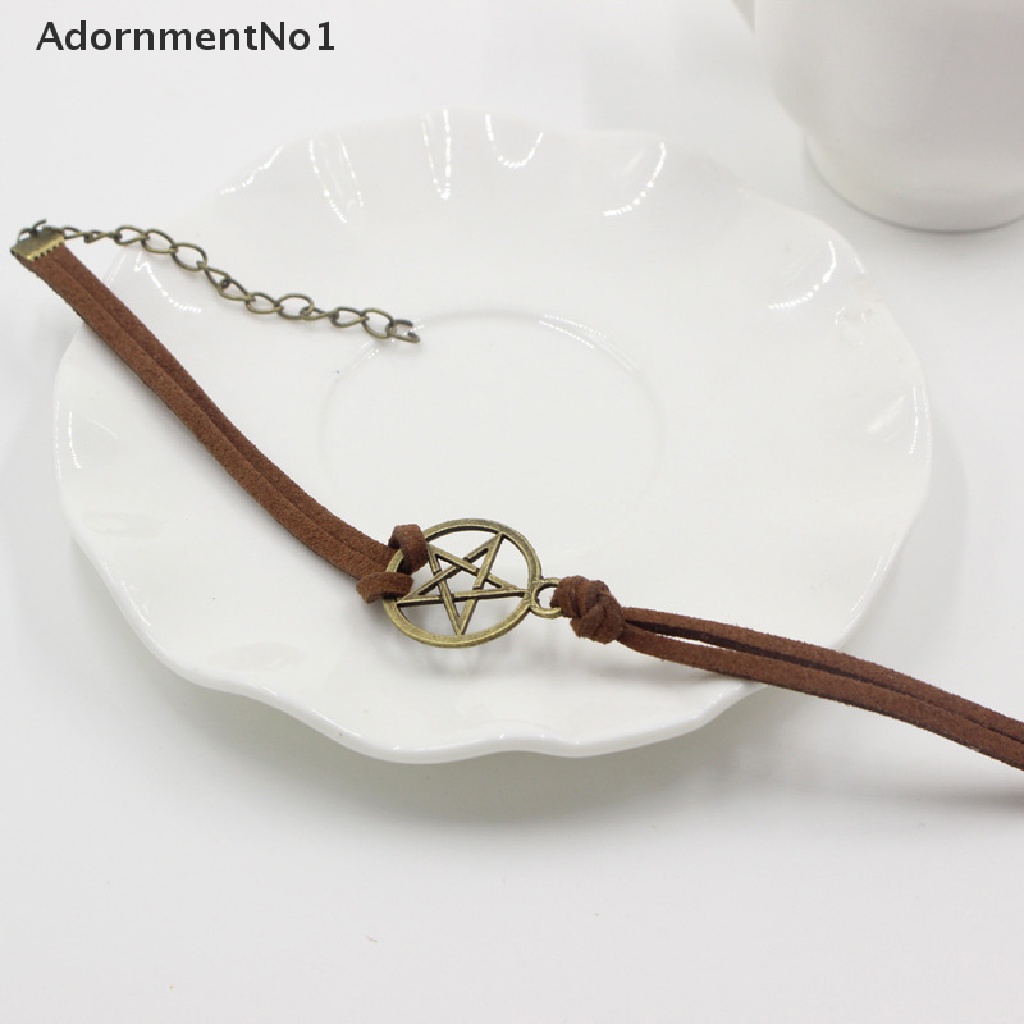 (AdornmentNo1) Gelang Tangan Tali Coklat Aksen Liontin Pentagram Perunggu Gaya Retro Untuk Wanita