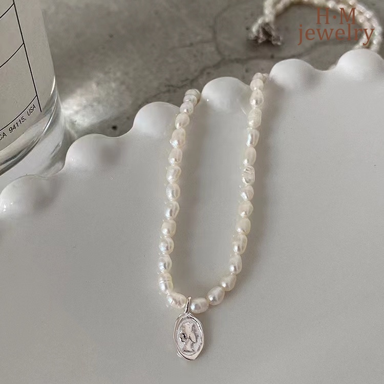 Kalung Rantai Sterling Silver 925 Simple Gaya Retro Dengan Liontin Potret Nasi + Mutiara Untuk Wanita