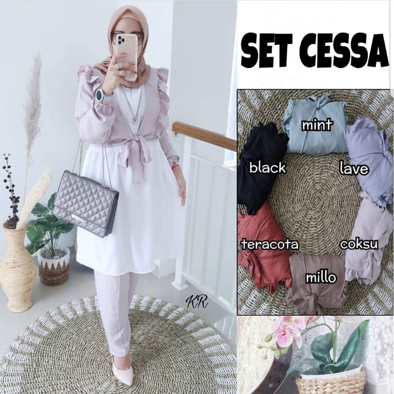 SET CELANA FASHION CESSA 3in1, MOSCREPE PREMIUM, GAMIS HIJAB MUSLIM, OUTER SETELAN