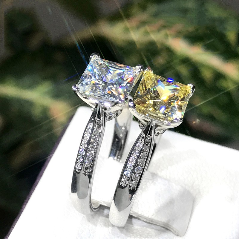 925 Perak  Square Cincin Berlian Pt950 Kuning Berlian Wanita Pernikahan Perhiasan