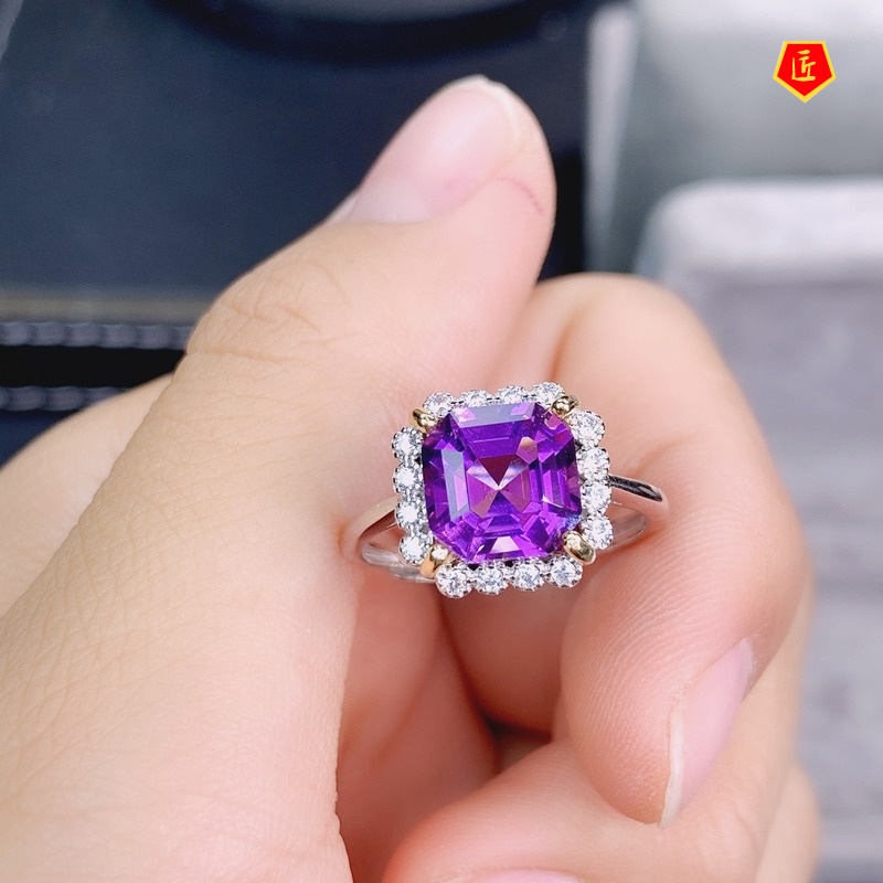 [Ready Stock]Simple Fashion Square Diamond Amethyst Ring for Women