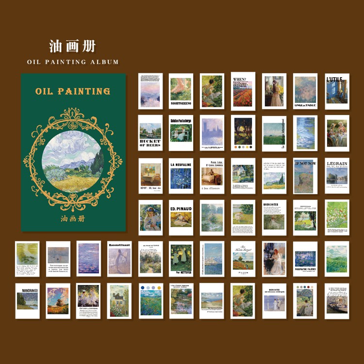 Journamm 50pcs Vintage Paper  for Phone Deco Retro Stationery Supplies Litmus Paper Bullet Journal Scrapbooking Label Stickers-Oil painting album