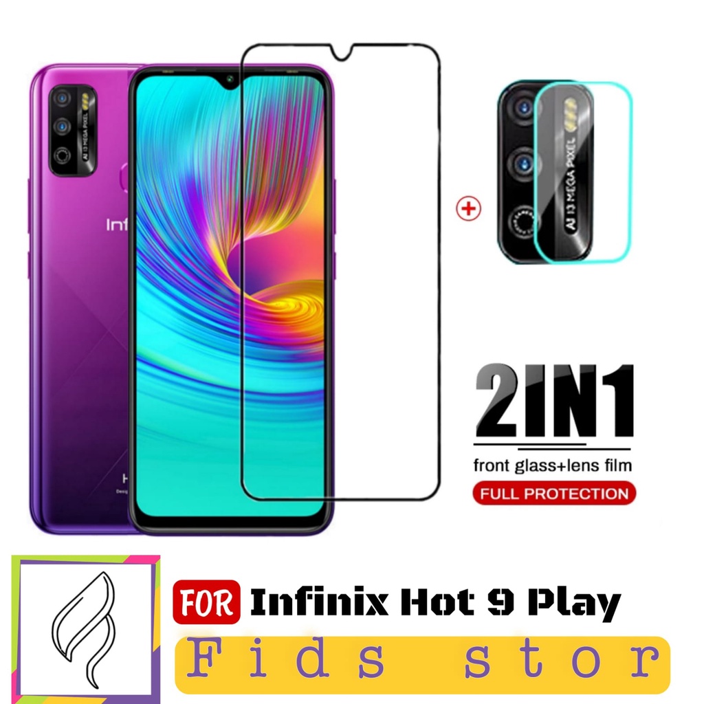 PROMO 2in1 Tempered Glass Infinix Hot 9 Play Full Layar Cover Black Premium Free Tempered Glass Came