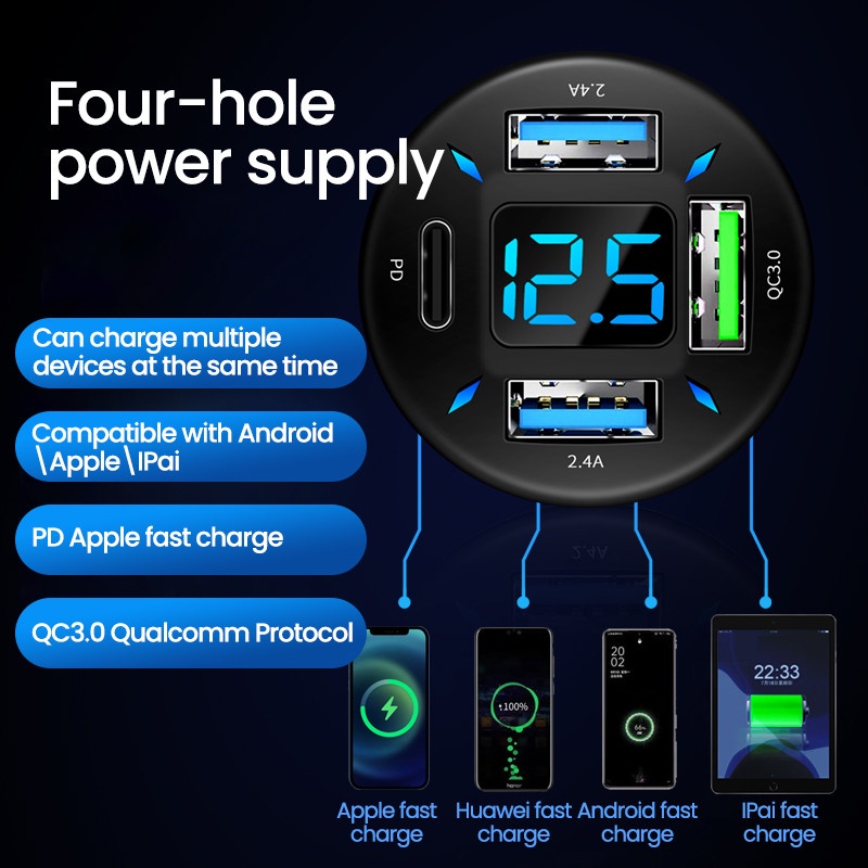 66w PD Car Adoptor Charger Usb 4colokan Mobil Fast Charge Adaptor Telepon Untuk i-Phone14 13 Type c Android Realme Fast Charge 3.0 Di Mobil