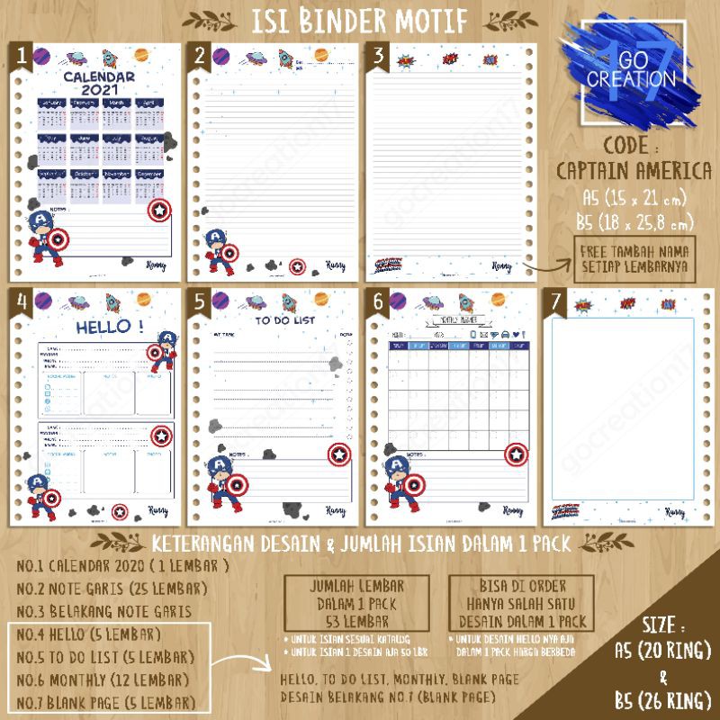 

Buku Planner isi Kertas Binder Motif Captain America 01 Premium A5 ring 20 dan A5 ring 6