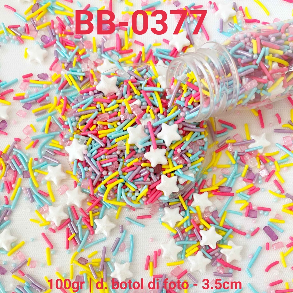 

BB-0377 Sprinkles sprinkle sprinkel 100gr 100gram pelangi bintang star yamama baking grosir murah sprinkles cake dekorasi mutiara trimit decoration story sprinklestory sprinklesstory sprinkle story yamama baking