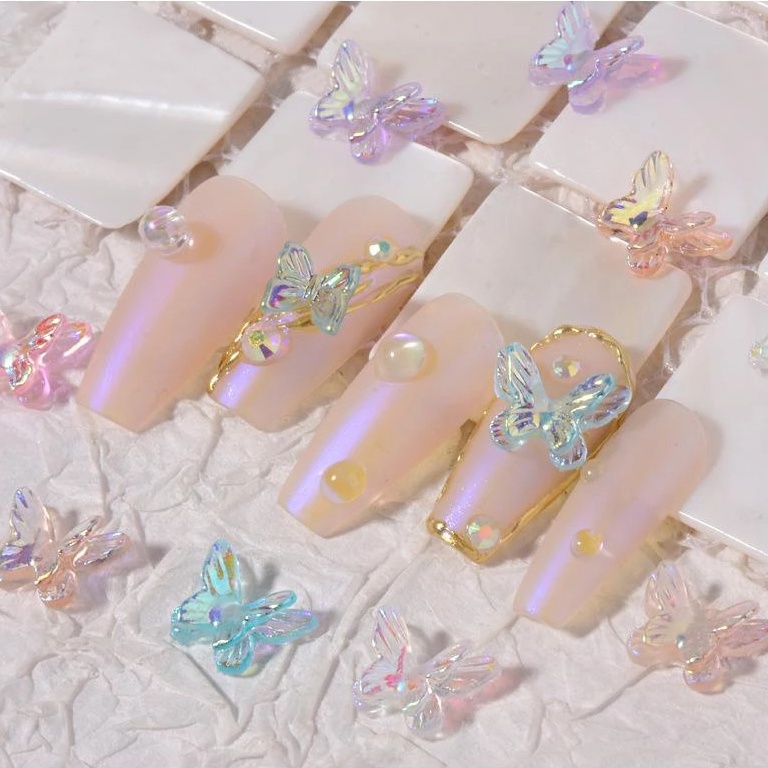 10pcs Stiker Kupu-Kupu 3D Aurora Glitter Dua Lapis Warna-Warni Untuk Dekorasi Nail Art