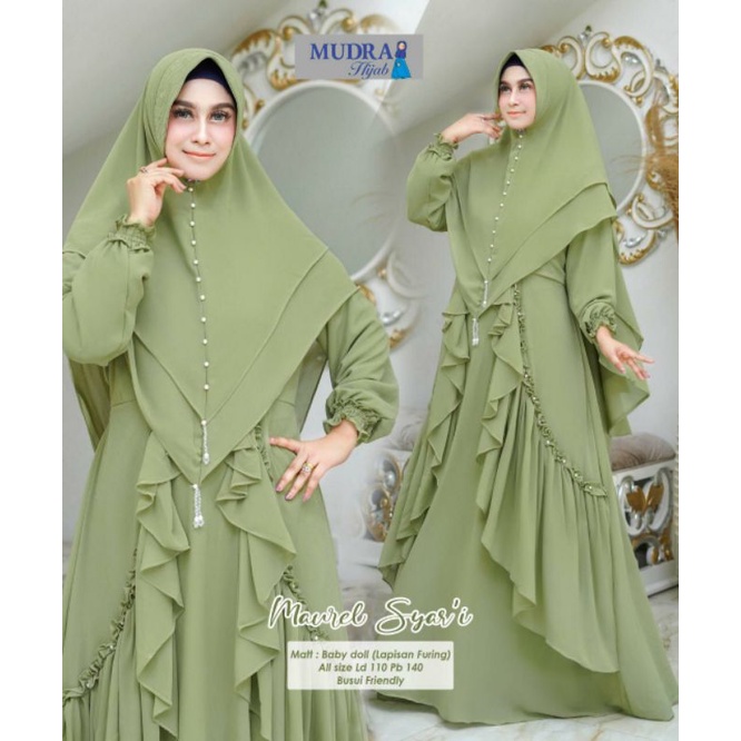 GAMIS SYARI MAUREL, CANTIK DAN ANGGUN ORIGINAL MUDRA HIJAB, CERUTY FULL FURING, REPEL DEPAN + KHIMAR