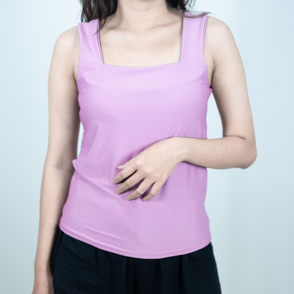 Firstact TANKTOP TANK TOP TANGTOP WANITA POLOS BASIC TALI BESAR SQUARE SPANDEK JERSEY-Lilac