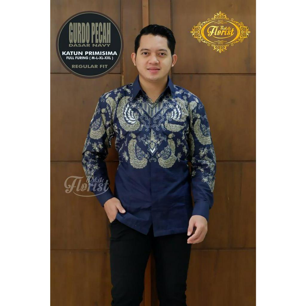 Kemeja Batik Lengan Panjang Warna Navy Batik Pria Terbaru Warna Biru Navy GURDO PECAH Batik Furing