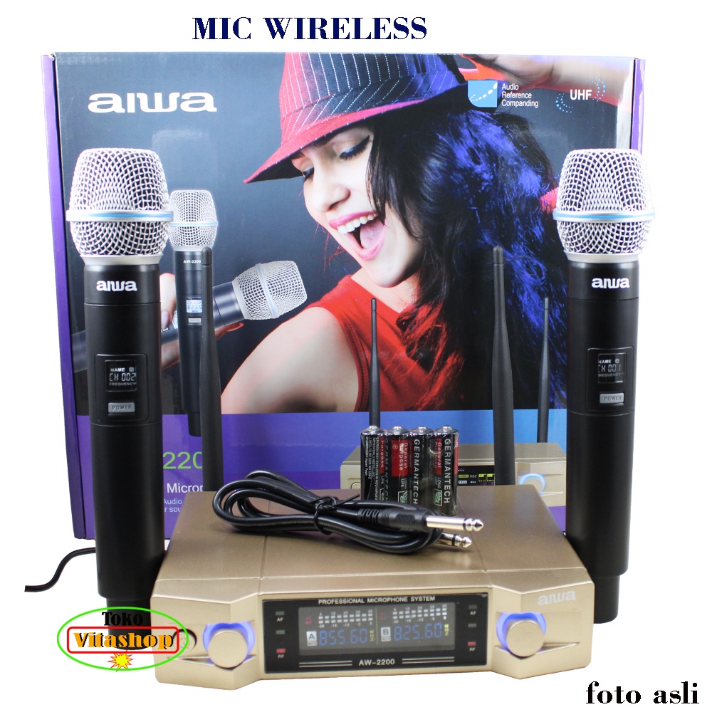 MIC Wireless Aiwa AW-2200 Microphone Wairles 2 Handle Mik Karaoke Vocal Bagus