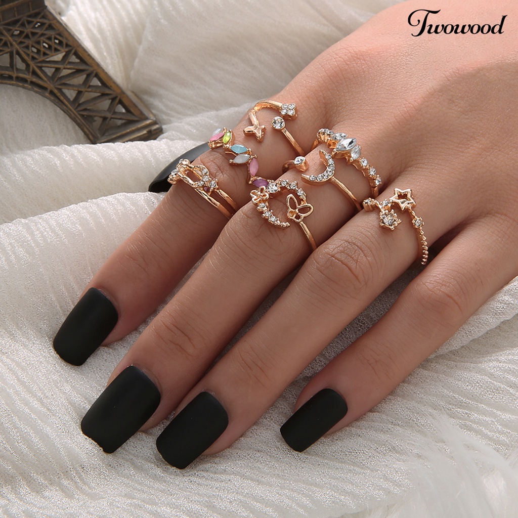 Twowood 7Pcs Ladies Ring Comfortable Not Easy to Break Lightweight Butterfly Flowers Opening Ring for Outdoor