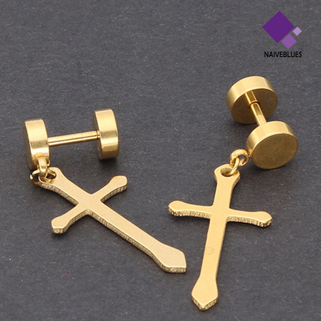1 Pc Anting Stud Desain Salib Dumbbell Bahan Titanium Steel Untuk Hadiah