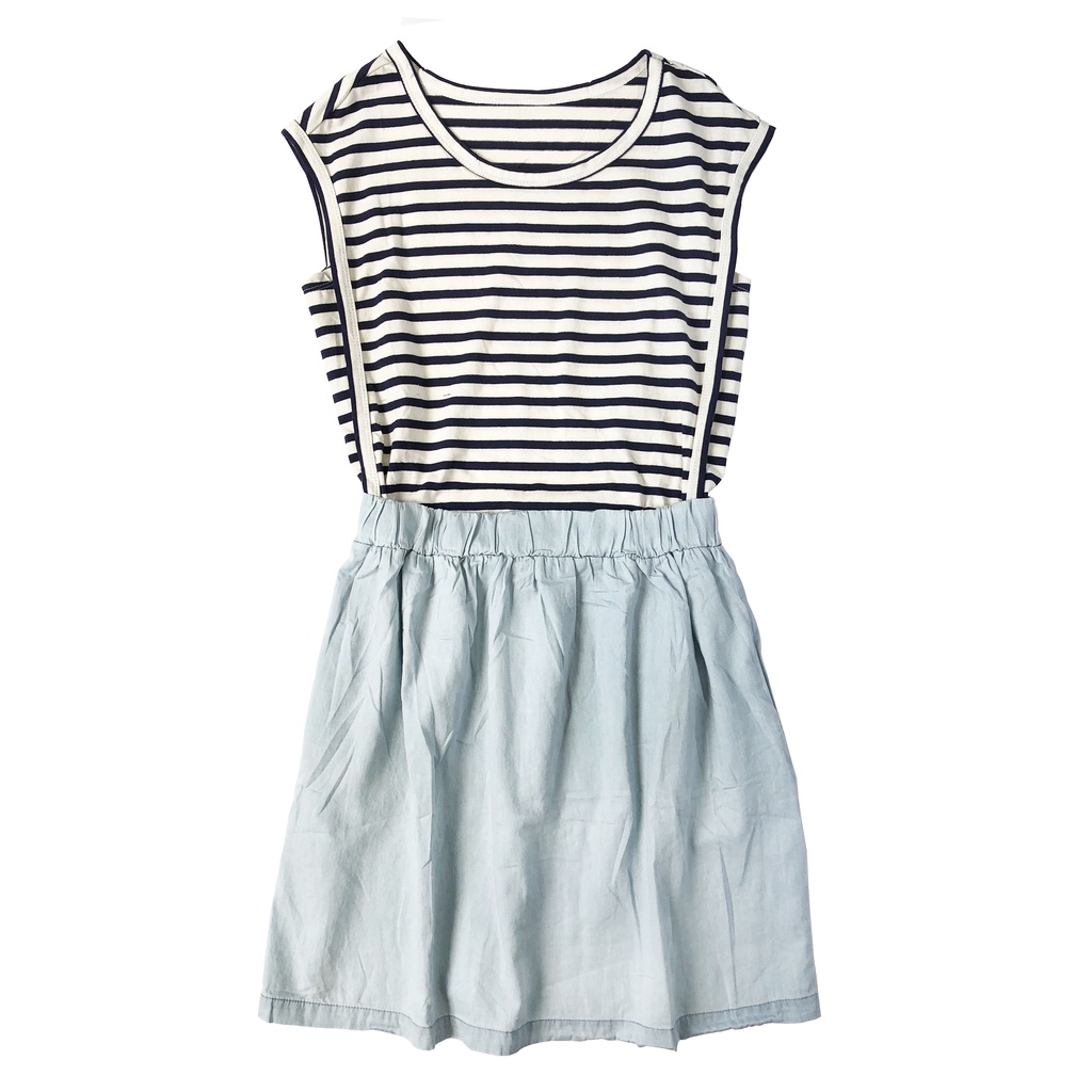 Dress Midi Kaos Garis Stripes Kombinasi Denim Jeans Korea Import