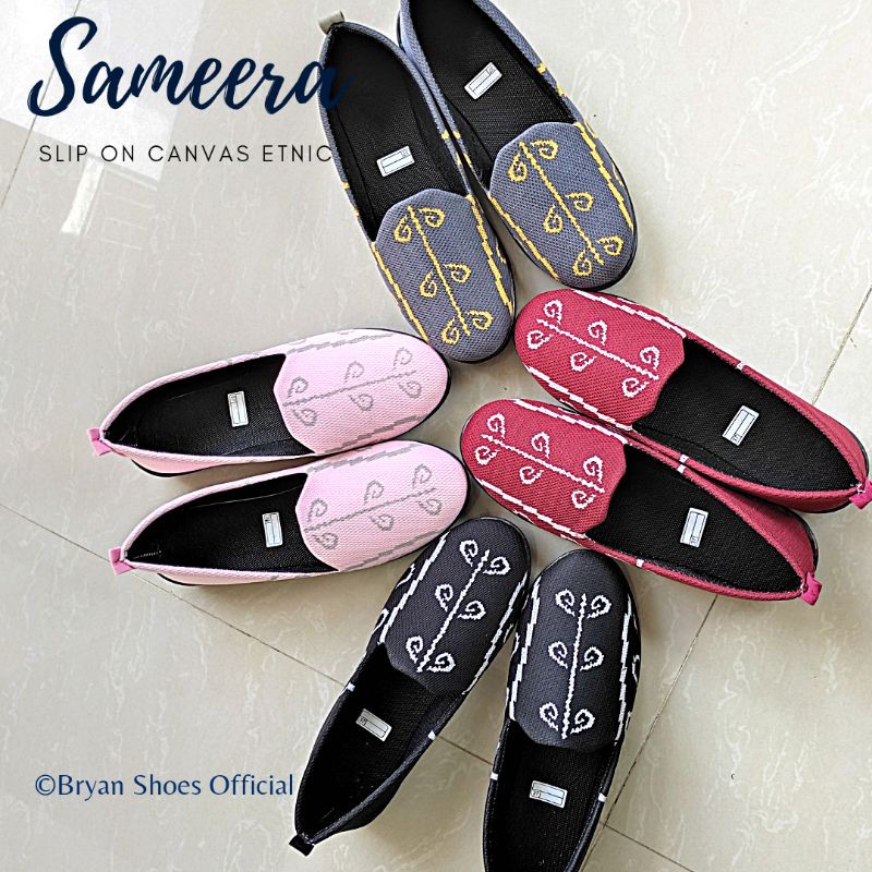 Bryan Sameera Slip on Canvas rajut Motif Etnik Sepatu wanita motif Toraja Maroon Hitam Abu Pink