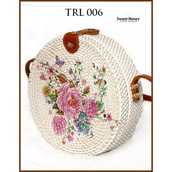 Sweet Honey ~Grosir Tas Rotan Murah Bali Lukis Motif Bunga TRL006 Diameter 20cm [Bisa COD / bayar di tempat